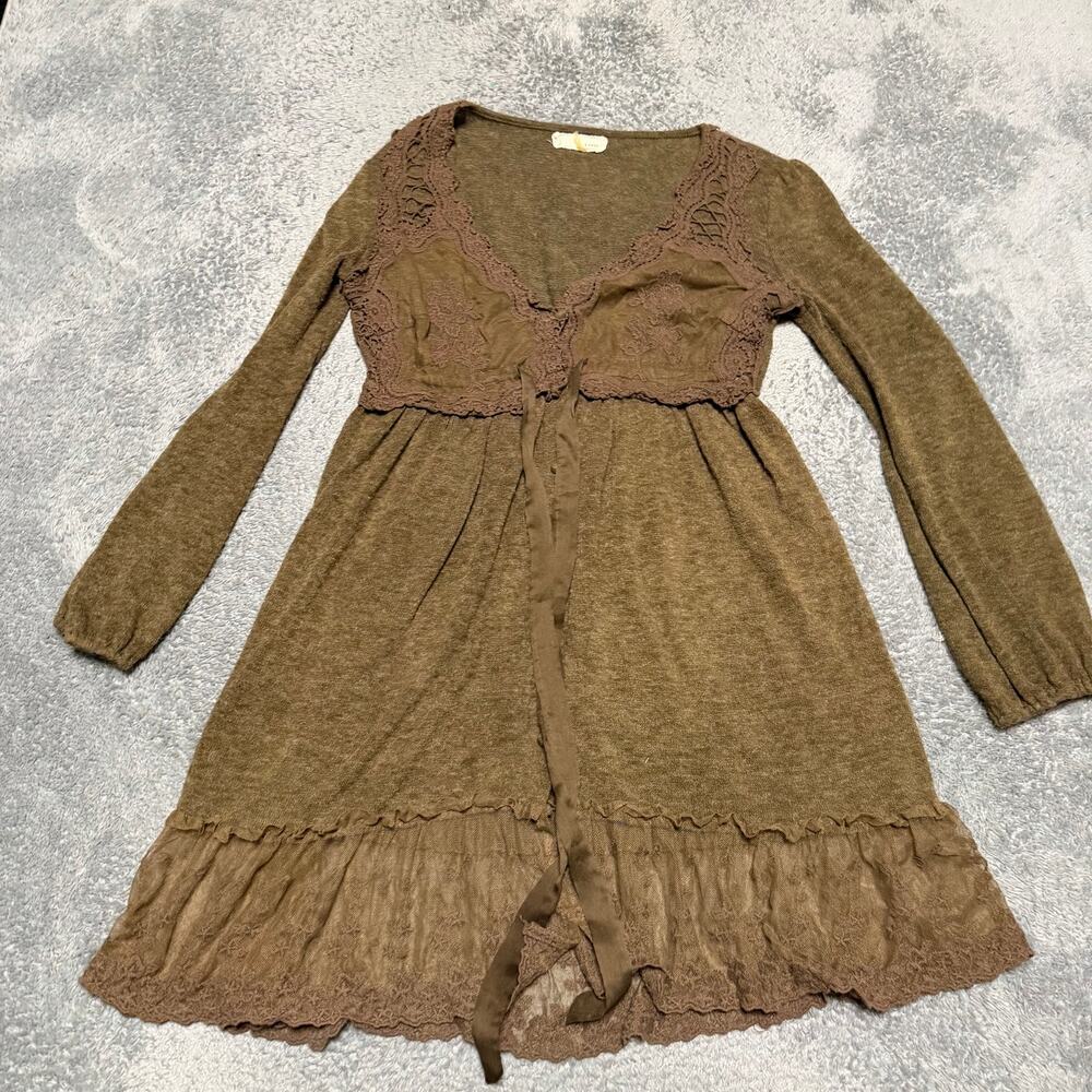 A'reve Dress Womens Medium Brown Green Lace Trim Sweater